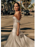 Heavily Beaded Off Shoulder Ivory Tulle Sparkly Wedding Dress